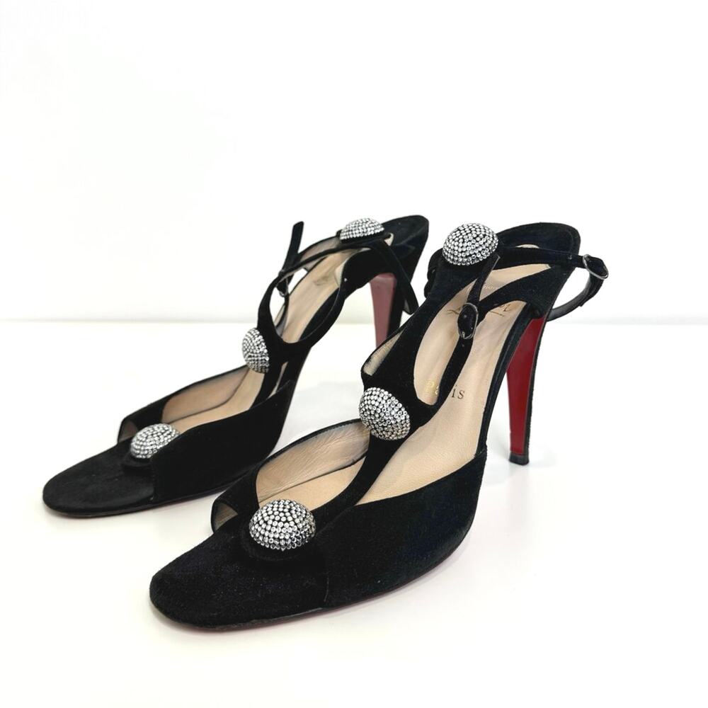 CHRISTIAN LOUBOUTIN Black Suede T-Strap Crystal Embellished Open Toe Heels 41